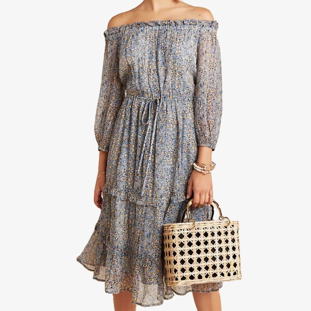 Anthropologie Kira Off the Shoulder Peasant Midi Dress Floral Metallic Sz 10